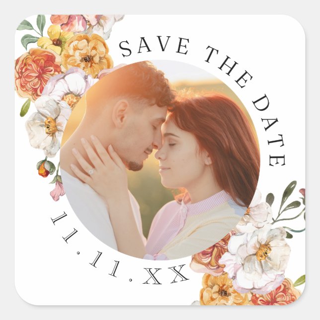 Anpassad fotoblossning Spara datumet Fyrkantigt Klistermärke (Framsida)