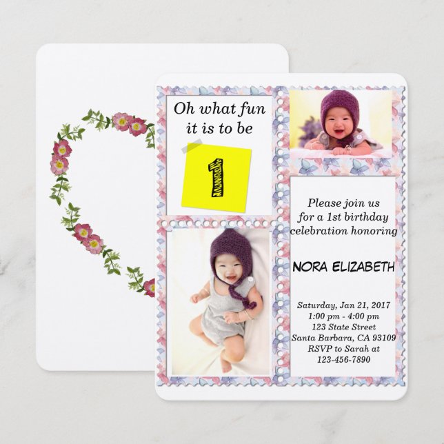 Anpassad fotoblossningsram för 1-års födelsedagsin inbjudningar (Fram/baksida)