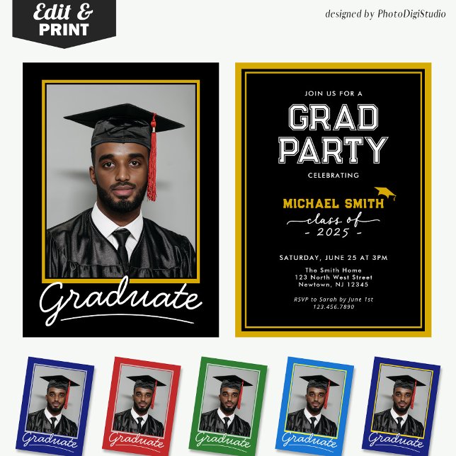 Anpassad fotofestkort för examen, klassisk  inbjudningar (Custom Graduation Invitation Card | Black and Gold Classic Design for Graduation Party and Ceremony )