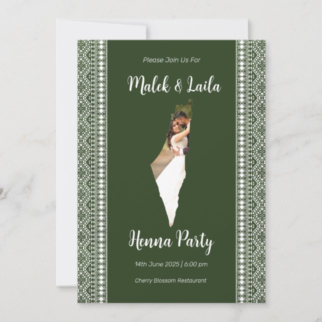 Anpassad fotokarta över Palestina Grönt Henna-skyl Inbjudningar (Framsida)