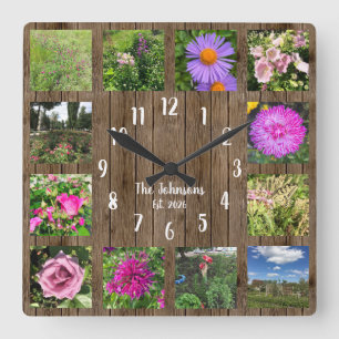 Anpassad fotokollage Country Rustic Wood Fyrkantig Klocka