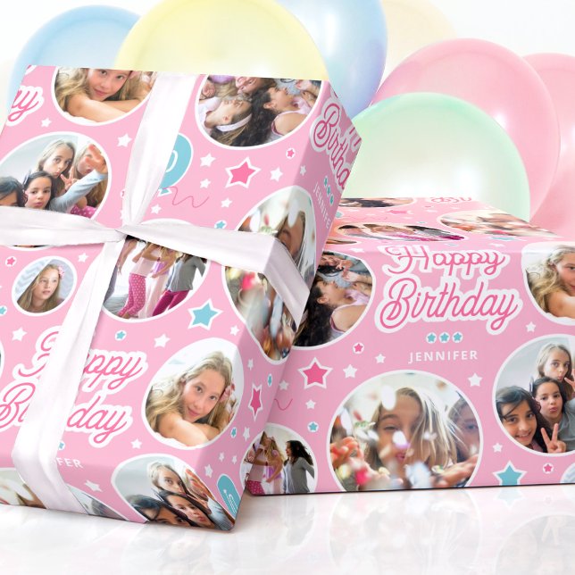 Anpassad fotokollage flickors födelsedag Pastellro Presentpapper (Skapare uppladdad)