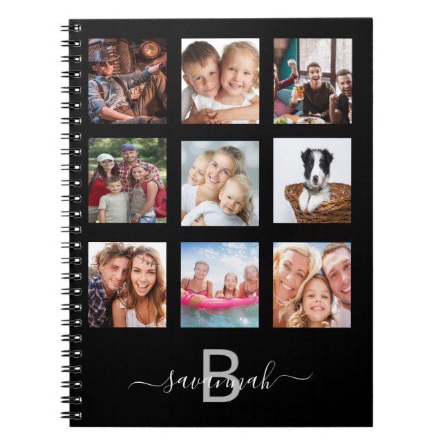Anpassad fotokollage monogram svart modern dagbok anteckningsbok (Framsidan)