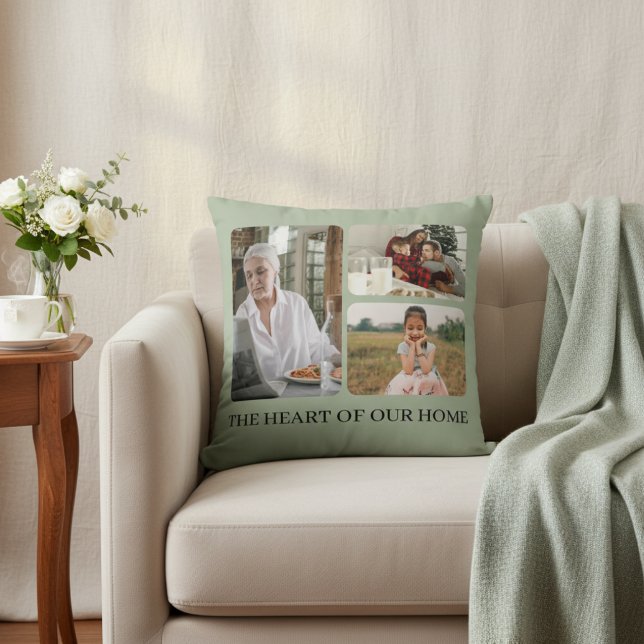 Anpassad fotokollage Mors dag | Salvia grön Kudde (Elegant Custom Photo Collage Mother's Day Keepsake Cool Sage Green Pillow)