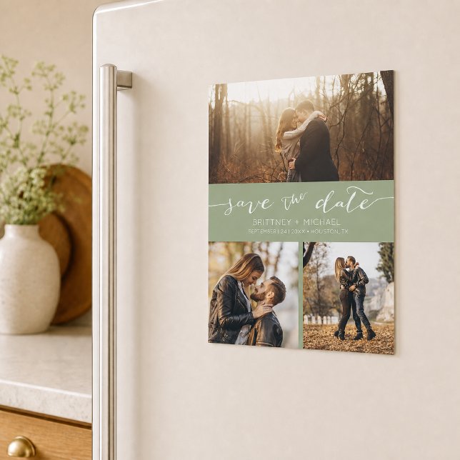 Anpassad fotokollage Sage Green Save the Date (Announce your wedding with this custom photo collage save the date design.)