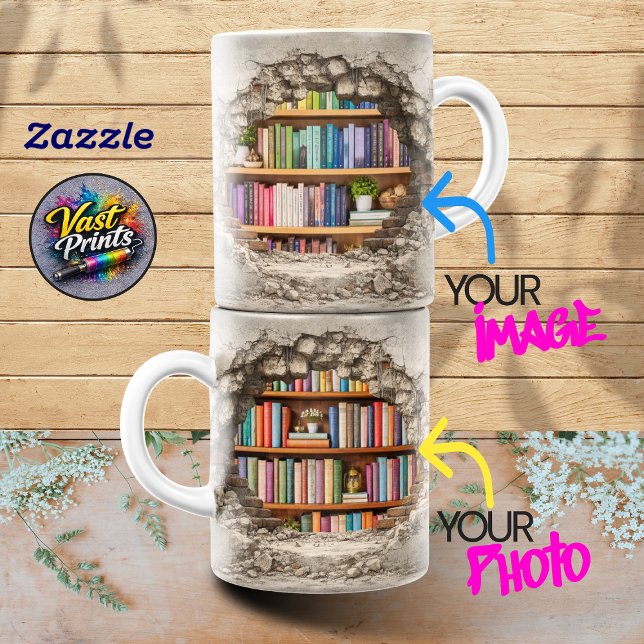 Anpassad fotokollage sprucken vägg bokhylla Två-Tonad mugg (Custom Photo Collage Cracked Wall Bookshelf Two-Tone Coffee Mug)