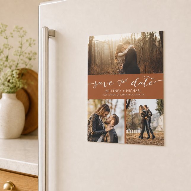 Anpassad fotokollage Terrakotta Spara datum (Announce your wedding with this custom photo collage terracotta save the date design. )