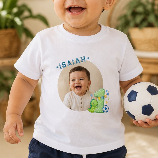 Anpassad fotonamn Dinosaur One Födelsedagsbaby Trö T Shirt (Skapare uppladdad)