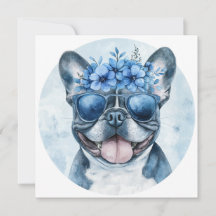 Anpassad fransk bulldog blå blomsterhälsning 