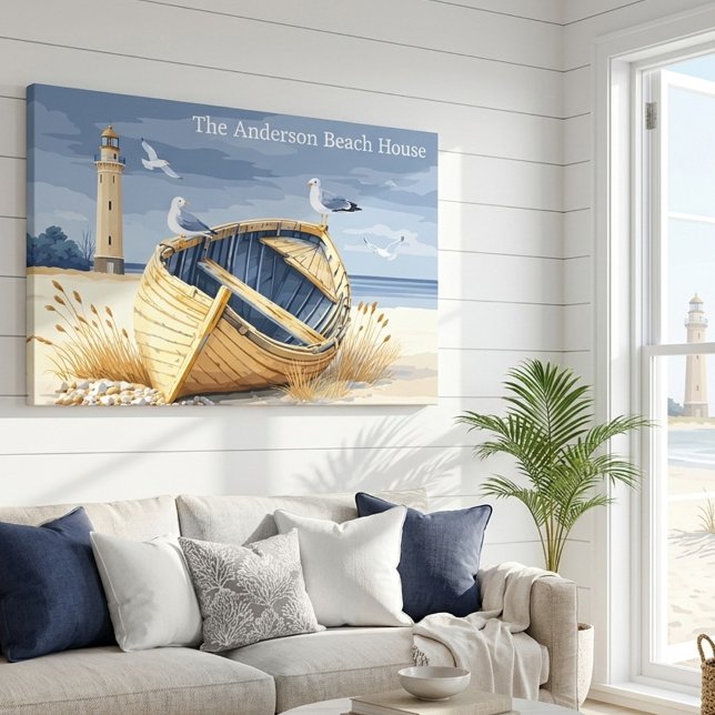 Anpassad fyr Radbåt Kust Strand Hus Canvastryck (Summer beach house wrapped canvas featuring a boat on a beach with lighthouse and seagulls)
