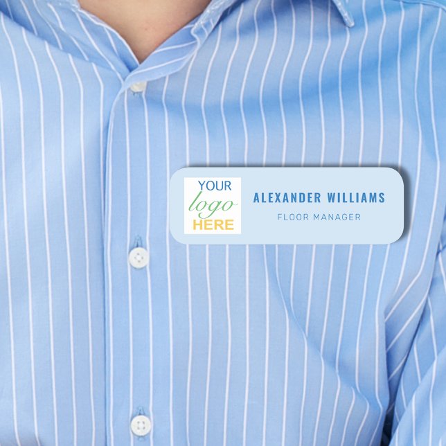 Anpassad fyrkantig logotyp och anställd namnbricka (Custom business your logo here employee name and job tag Blue modern professional design)