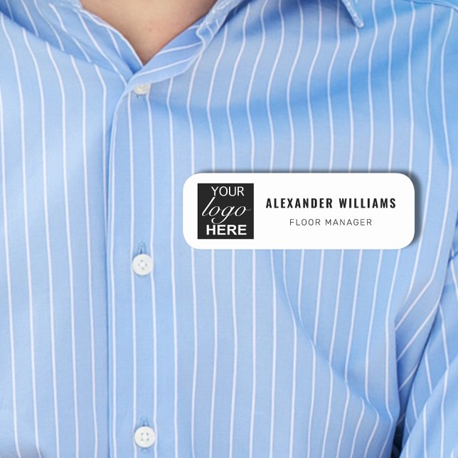Anpassad fyrkantig logotyp och anställd namnbricka (Custom square logo employee name and job title black and white tag Modern simple professional design)