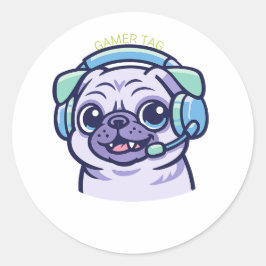 Anpassad Gamer Mops Hund Spel Headset Vinyl Kliste Runt Klistermärke