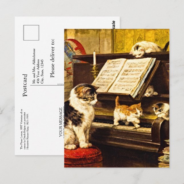 Anpassad gammal pianolektion Mor Katt & Kattungar Vykort (Fram/baksida)