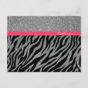 Anpassad Glamourös Glitter Silver Rosa Zebra Tjej Vykort