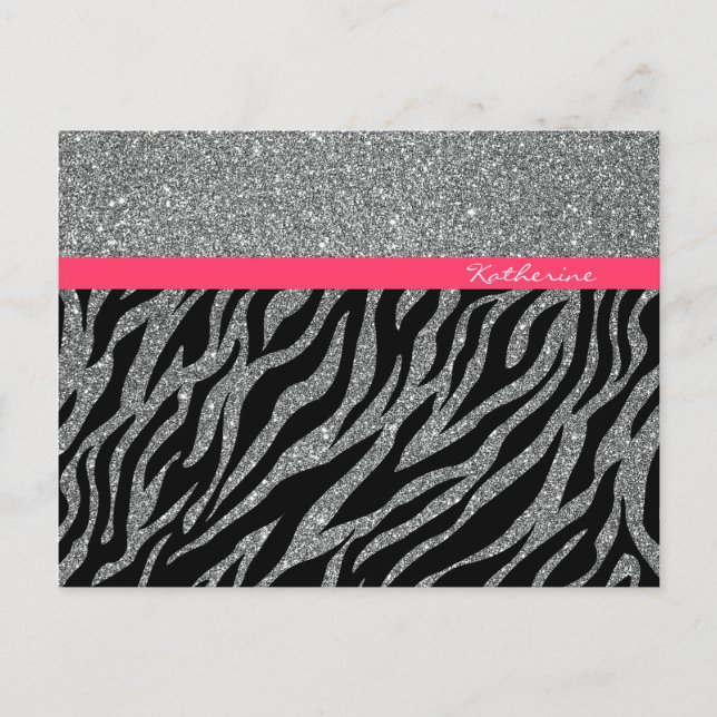 Anpassad Glamourös Glitter Silver Rosa Zebra Tjej  Vykort (Framsida)