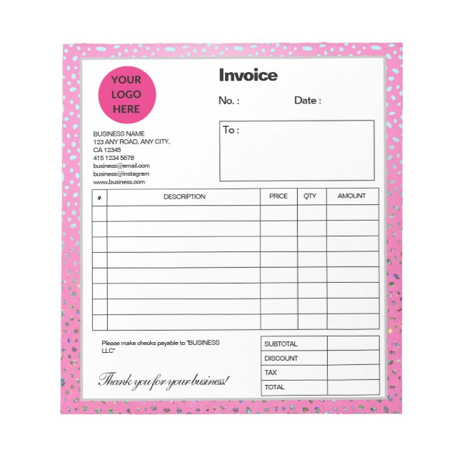 Anpassad Glitter Rosa Gepardtryck Faktura Anteckningsblock (Framsida)