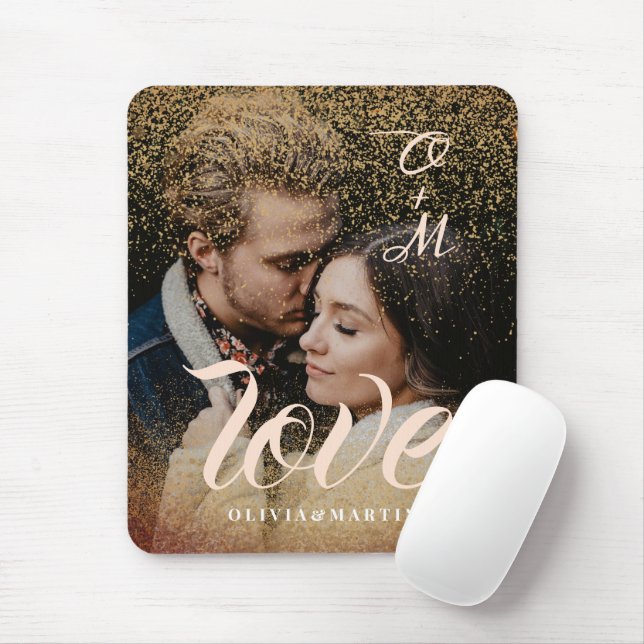 Anpassad glitterguldparfoto med monogram musmatta (Med mus)