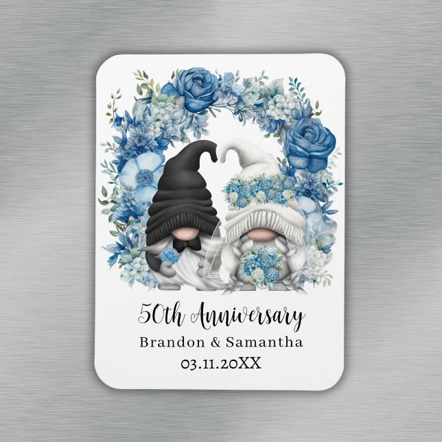 Anpassad Gnome Blå Blommor 50-års bröllopsjubileum Magnet (Custom Gnome Blue Flowers 50th Wedding Anniversary Magnet
)