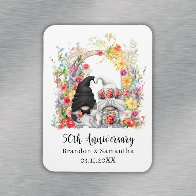 Anpassad Gnome Blommig Båge 50-års bröllopsjubileu Magnet (Custom Gnome Floral Arch 50th Wedding Anniversary Magnet
)