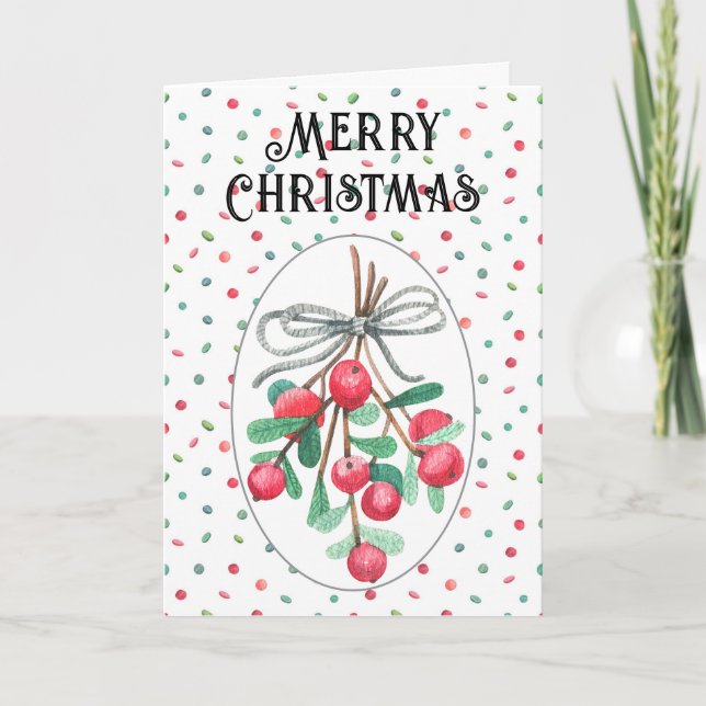 Anpassad God Jul Mistel & Röda Bär Helgkort (Framsida)