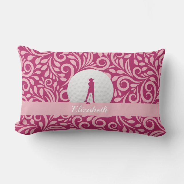 Anpassad Golf Damgolfare Siluett Rosa Monogram Lumbarkudde (Framsida)