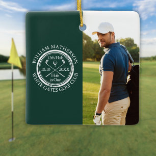 Anpassad golfhål-i-ett foto golfare smaragd julgransprydnad keramik