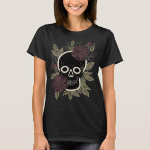Anpassad gotisk dödskalle och rosor mörk blomsterk t shirt