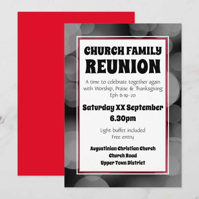 Anpassad grå bokeh KIRKLIG FAMILJESAMMANKOMST Inbjudningar (Fram/baksida)