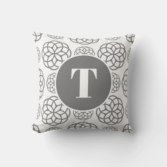 Anpassad grå cirkelmönster med monogram kudde (Framsida)