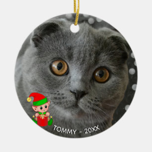 Anpassad grå kattfoto med söt alv julgransprydnad keramik