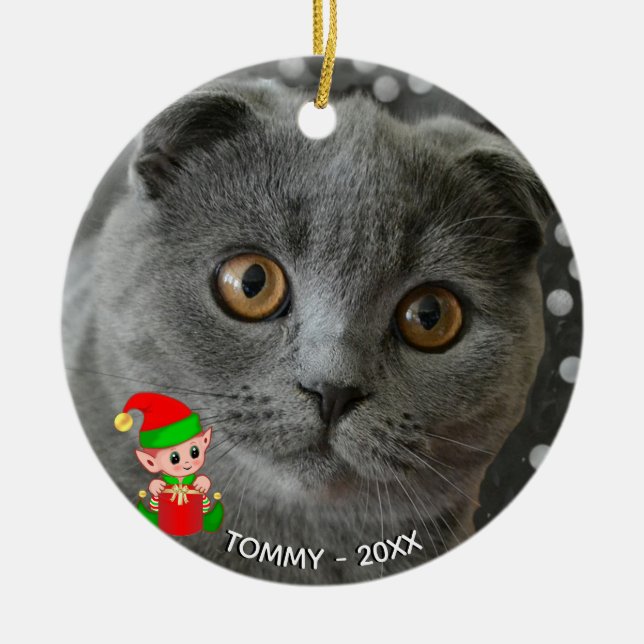 Anpassad grå kattfoto med söt alv julgransprydnad keramik (Framsidan)