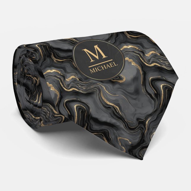 Anpassad grå svart och guld glitter marmor mönster slips (Rullad)