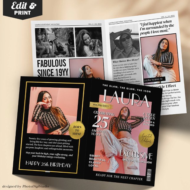 Anpassad gratulationskort i tidskriftsformat, roli kort (Custom Magazine Greeting Card, Fun Modern Birthday Card)