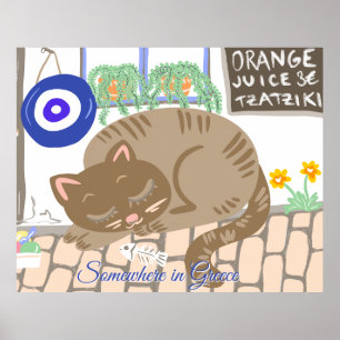 Anpassad grekisk taverna katt medelhavsscen poster