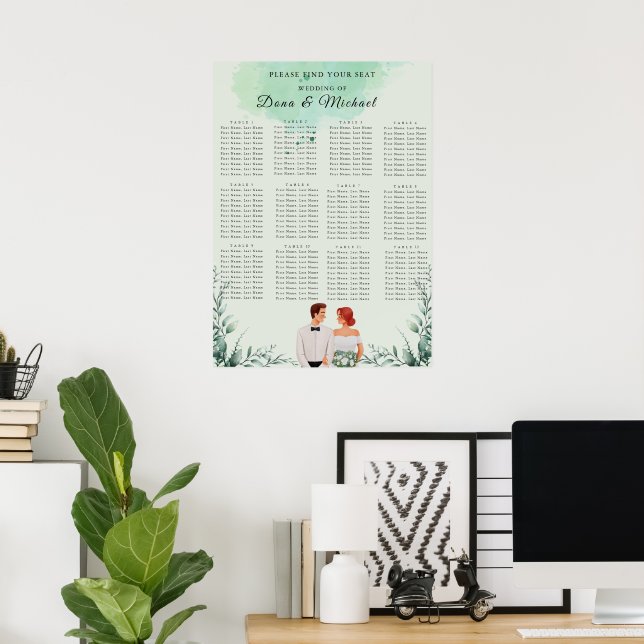 Anpassad grön akvarell bröllops sittplatskarta poster (Hemmakontoret)
