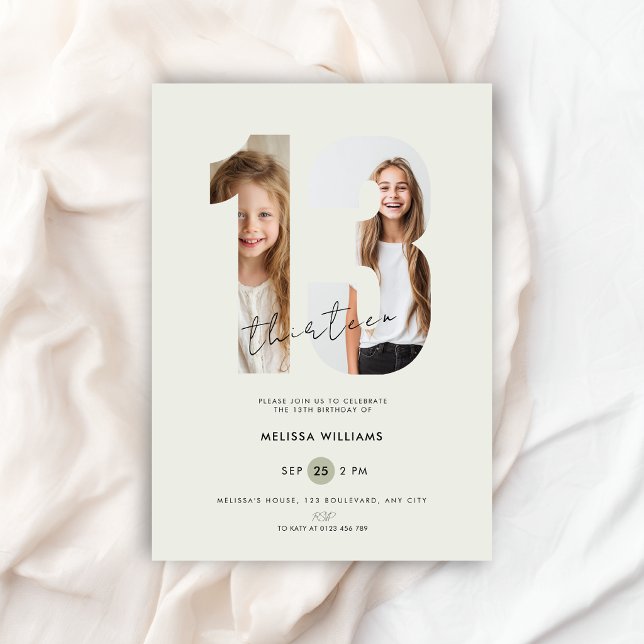 Anpassad grön fotonummer flickor 13-årsdag inbjudningar (13th birthday invitation with photo in pastel green color for girls)