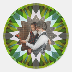 Anpassad grön julstjärna familjefoto presentkort runt klistermärke