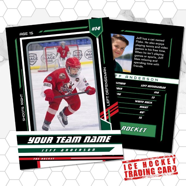Anpassad Grön & Svart Ishockeyspelarkort (Ice Hockey Player Trading Card in White with Custom Team Name and Green and Black Elements)