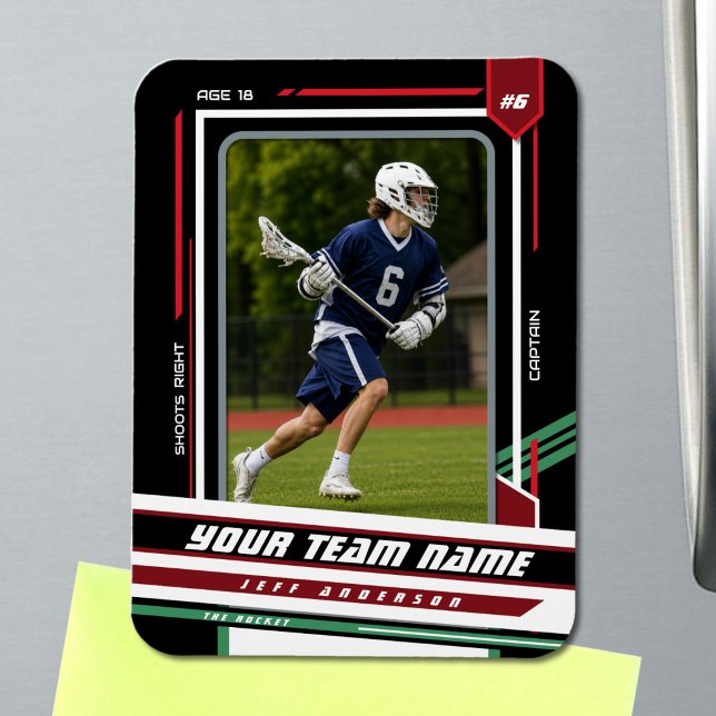 Anpassad grön & svart Lacrosse Spelar Foto Magnet (Lacrosse Player Photo Magnet in Black with Custom Team Name and Red Green White Elements )