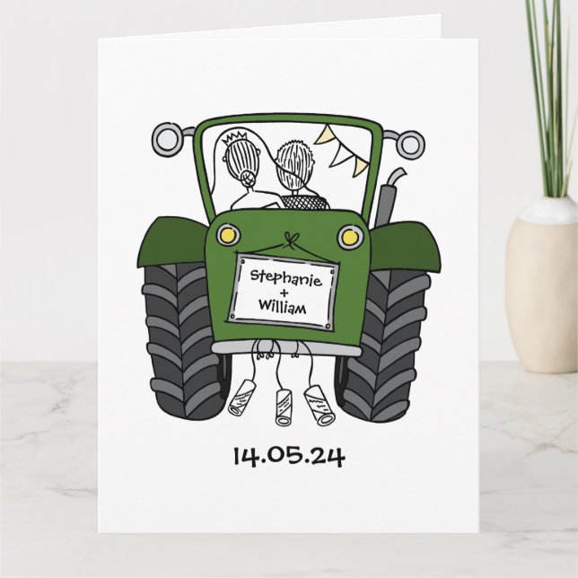 Anpassad grön traktor Country Barn Rustikt bröllop Kort (Framsida)