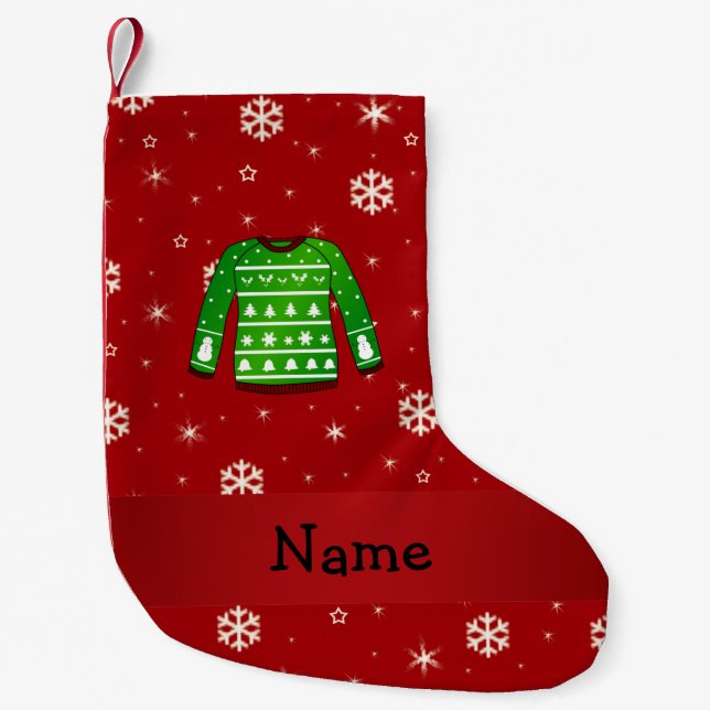 Anpassad grönt ful christmas sweater liten julstrumpa (Framsidan)