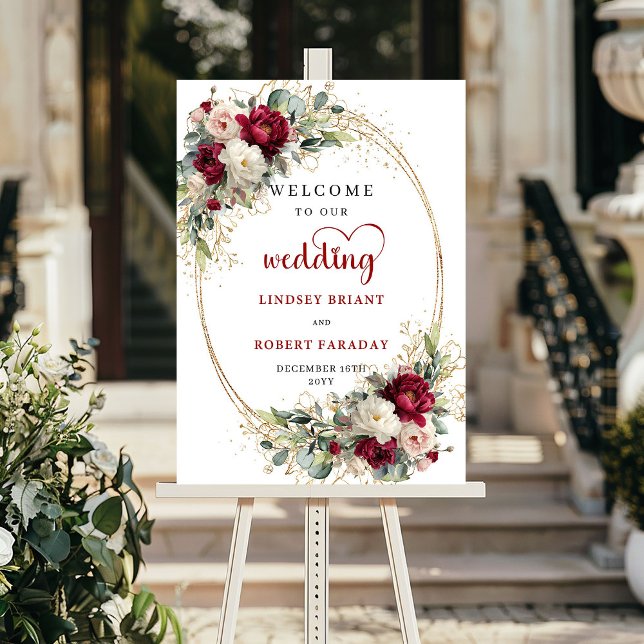 Anpassad gul blomstergrönska vigsel välkomstskylt  poster (Custom gold floral greenery wedding welcome sign decor

)