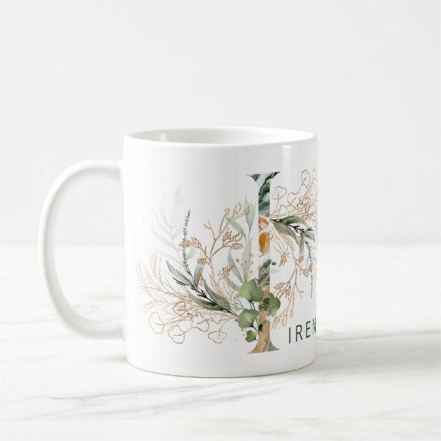 Anpassad Guld Botanisk Eukalyptus Monogram "I" Kaffemugg (Vänster)