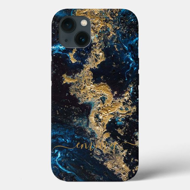 Anpassad guld marinblå marmor mobiltelefon 11 12 1 (Baksida)