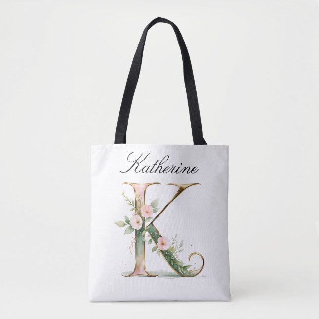 Anpassad guldbukett bokstav K tryckt totebag Tygkasse (Framsida)
