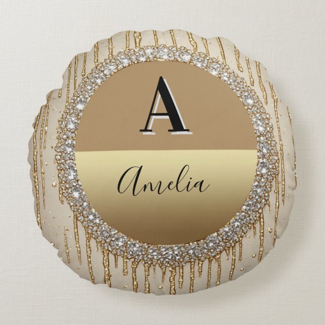 Anpassad guldförgylld monogrampresent för bröllop  rund kudde (Framsidan)