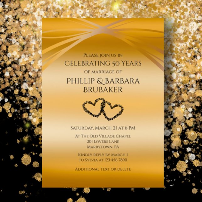 Anpassad Gylden 50-årsjubileum Original Hjärtbåge Inbjudningar (Golden Arches 50th Wedding Anniversary celebration party invitation with custom elegant black script)