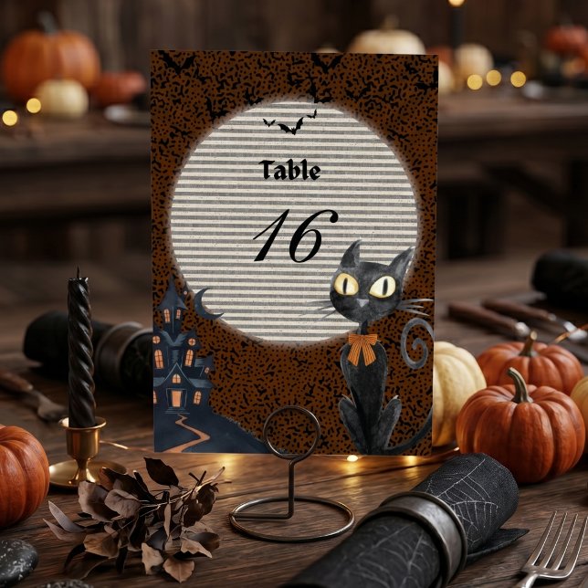 Anpassad Halloween bordsnummerkort Svart katt Spök Bordsnummer (Skapare uppladdad)