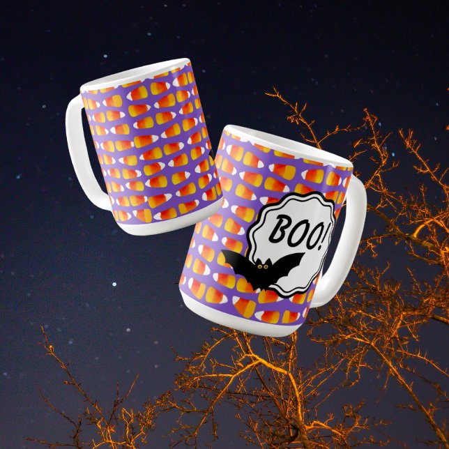 Anpassad Halloween Crazy Candy corn Black Fladderm Kaffemugg (Such cute crazy candy corn with a sassy bat!! You can personalize by changing the text to a name.)